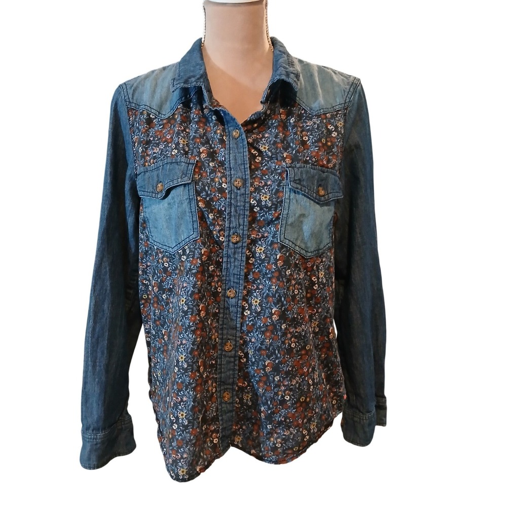 Womens Floral Denim Western Button Up Shirt Medium Wash Long Sleeve  Shirt Boho